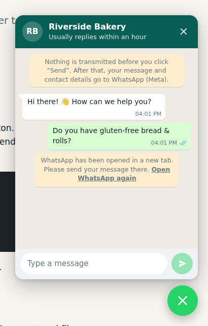 WhatsApp Widget with welcome message and sent message